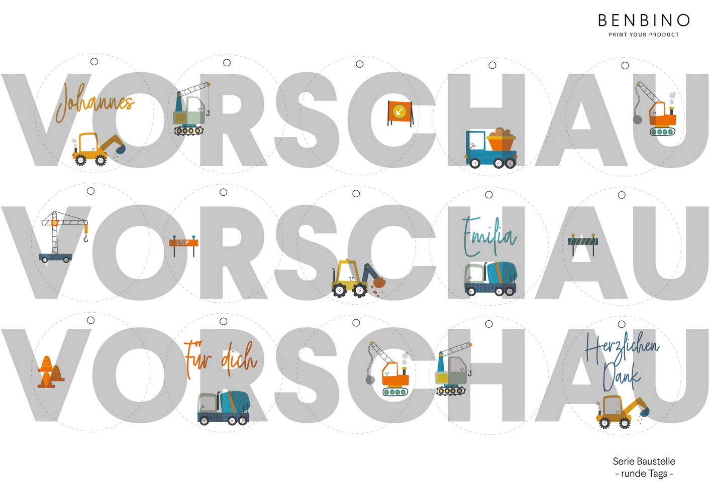 Kindergeburtstag, Mottogeburtstag, Motto, Geburtstag, Baustelle, Bagger, Tags, Danke, Geschenkanhänger, Name, Vorname, personalisieren, benbino