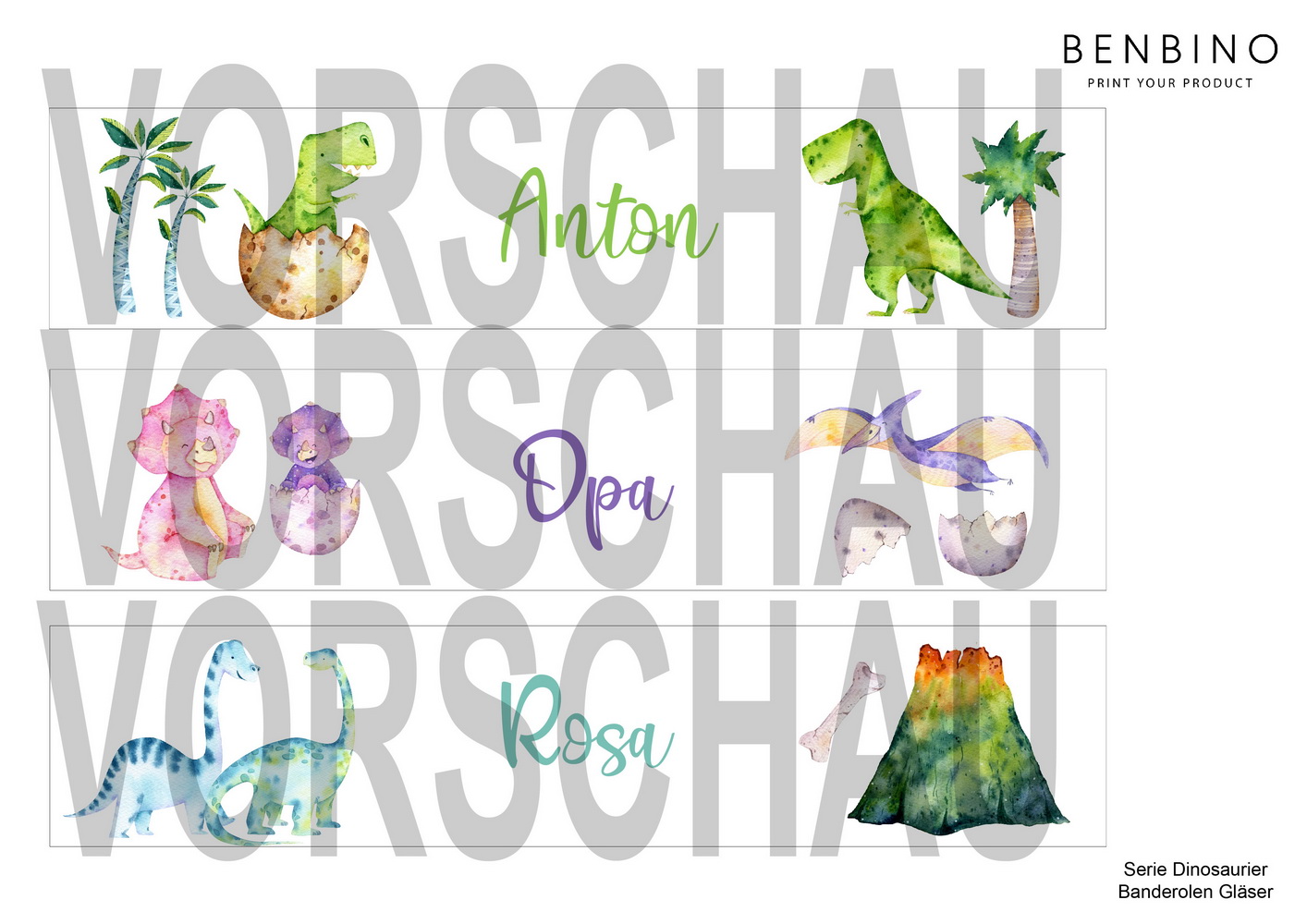 Kindergeburtstag, Mottogeburtstag, Motto, Geburtstag, benbino, Dinosaurier, Dinos, Banderolen, Namen, Vornamen, Becher, Glas, Gläser, Flasche