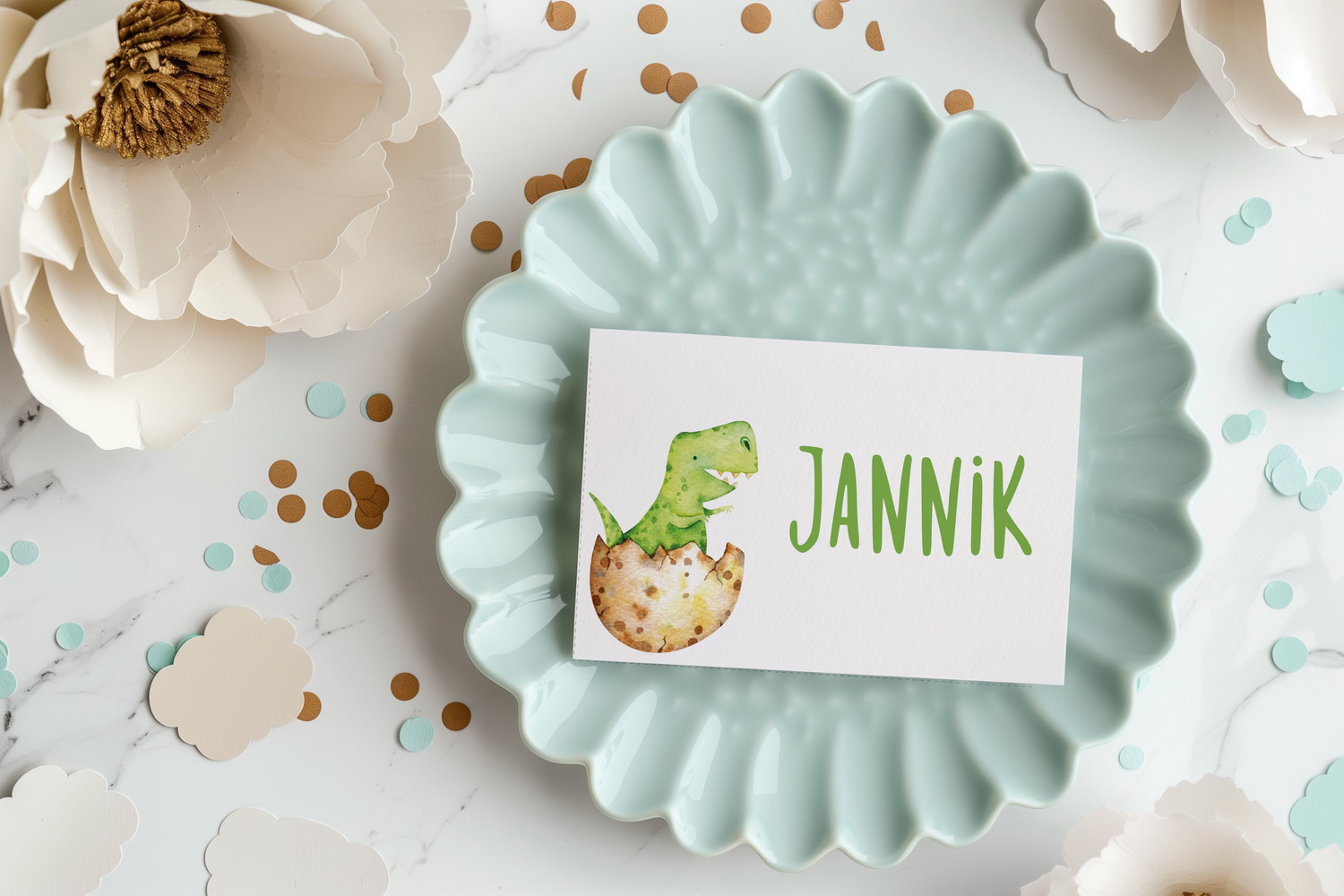 Kindergeburtstag, Mottogeburtstag, Motto, Geburtstag, benbino, Dinosaurier, Dinos, Platzkarten, Tischkarten, Namenskarten