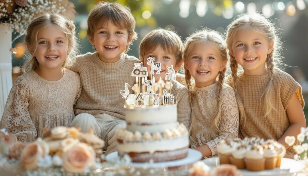 Liebevoll dekorierter Tisch für einen Kindergeburtstag mit DIY-Deko von BENBINO, inklusive Girlande, Cake-Toppern und passenden Party-Accessoires im Raum.