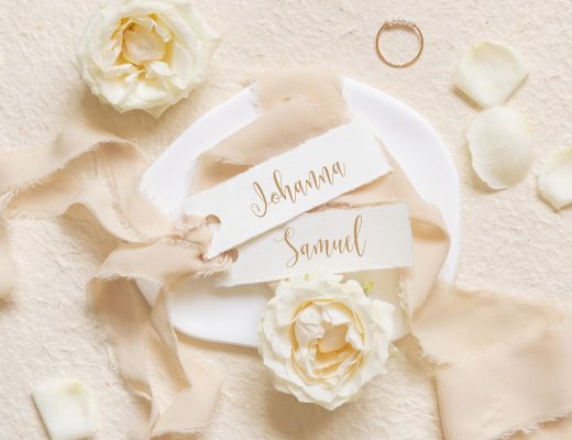 BENBINO Tischkarten Hochzeit Seidenband Name Vorname Gäste Gast beige ausdrucken