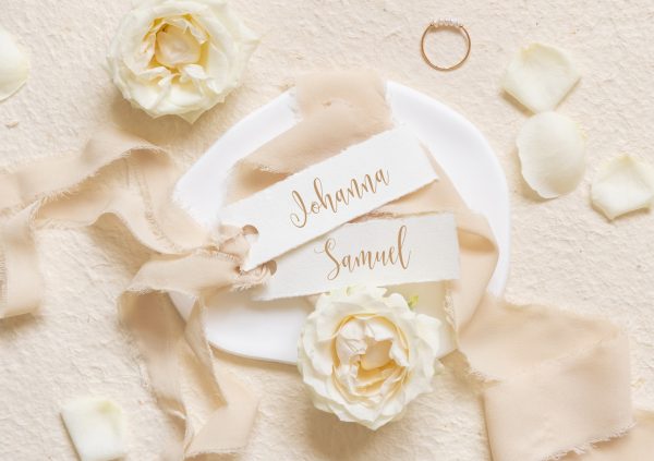 BENBINO Tischkarten Hochzeit Seidenband Name Vorname Gäste Gast beige ausdrucken