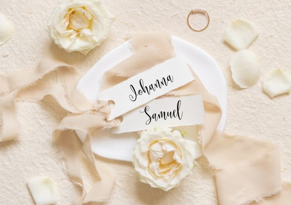 BENBINO Tischkarten Hochzeit Seidenband Name Vorname Gäste Gast schwarz ausdrucken