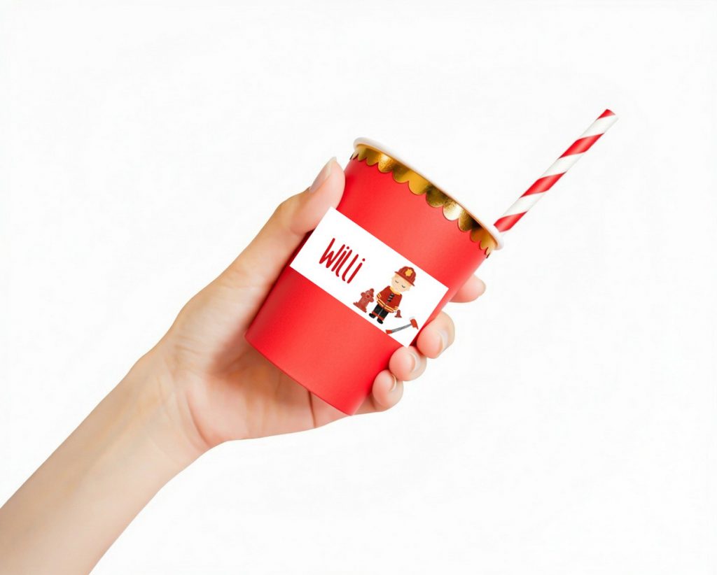 BENBINO Kindergeburtstag Feuerwehr Deko zum Download Ausdrucken Banderole Name Becher Glas Serviette