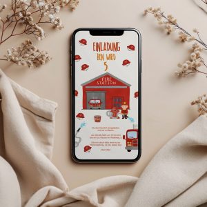 BENBINO Kindergeburtstag Feuerwehr Deko zum Download Ausdrucken Vorname Einladung Smartphone digitale Einladung personalisiert