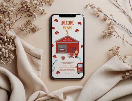 BENBINO Kindergeburtstag Feuerwehr Deko zum Download Ausdrucken Vorname Einladung Smartphone digitale Einladung personalisiert
