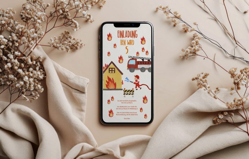 BENBINO Kindergeburtstag Feuerwehr Deko zum Download Ausdrucken Vorname Einladung Smartphone digitale Einladung personalisiert