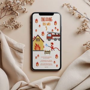 BENBINO Kindergeburtstag Feuerwehr Deko zum Download Ausdrucken Vorname Einladung Smartphone digitale Einladung personalisiert