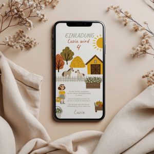 benbino, Kindergeburtag, Pferdegeburtstag, Pferdemädchen, Pferde, Mottogeburtstag, Bauernhof, Name, personalisieren, Einladung, WhatsApp, Smartphone, Handy, Telefon