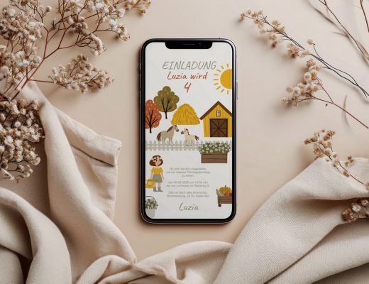 benbino, Kindergeburtag, Pferdegeburtstag, Pferdemädchen, Pferde, Mottogeburtstag, Bauernhof, Name, personalisieren, Einladung, WhatsApp, Smartphone, Handy, Telefon