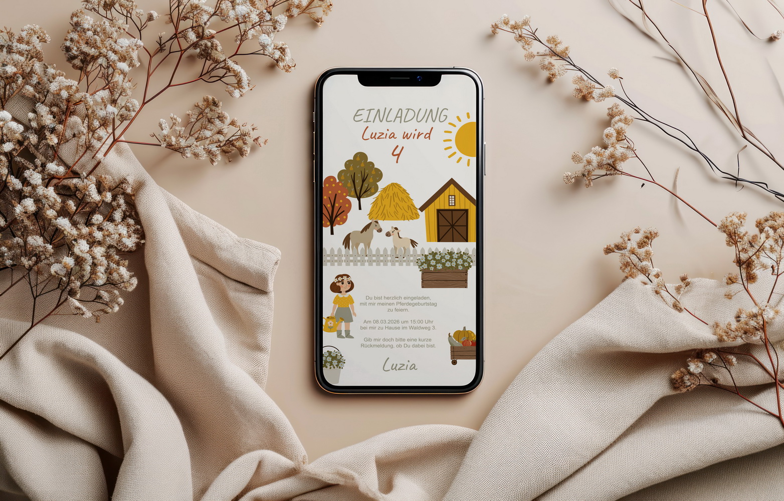 benbino, Kindergeburtag, Pferdegeburtstag, Pferdemädchen, Pferde, Mottogeburtstag, Bauernhof, Name, personalisieren, Einladung, WhatsApp, Smartphone, Handy, Telefon