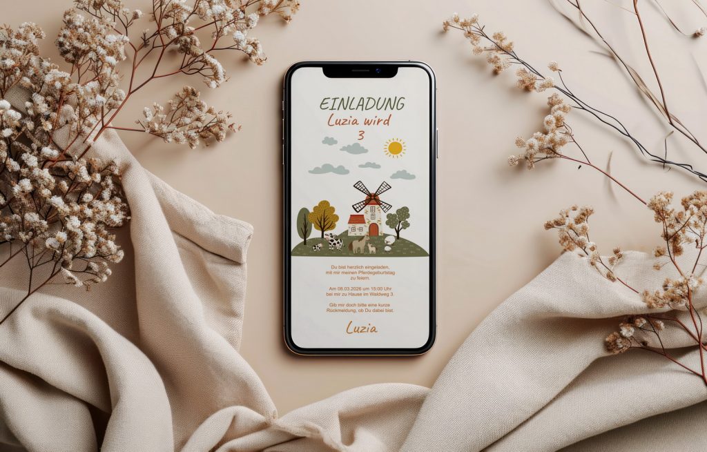 benbino, Kindergeburtag, Pferdegeburtstag, Pferdemädchen, Pferde, Mottogeburtstag, Bauernhof, Name, personalisieren, Einladung, WhatsApp, Smartphone, Handy, Telefon