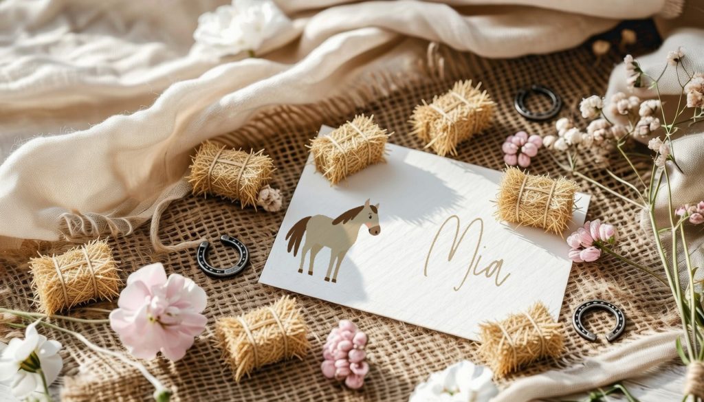 benbino, Kindergeburtag, Pferdegeburtstag, Pferdemädchen, Pferde, Mottogeburtstag, Bauernhof, Tischkarten, Namenskarten, Platzkarten, Vorname, Name, personalisiert, Cupcakes, Tischdeko