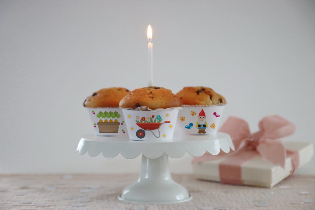 BENBINO, Kindergeburtstag, Mottogeburtstag, Geburtstag, Geburtstagsmotto, Garten, Gärtchen, Gärtnern, Girlande, Happy Birthday, Banderolen Muffins, Cupcakes, Deko, Geburtstagsdeko