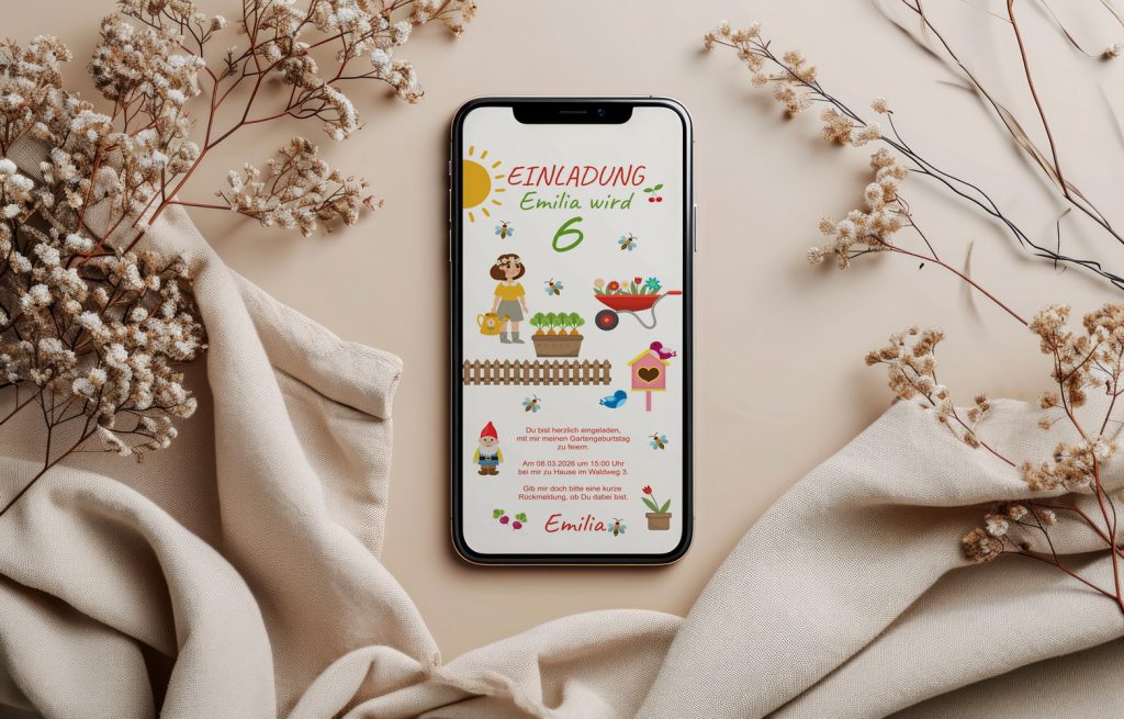 BENBINO, Kindergeburtstag, Mottogeburtstag, Geburtstag, Geburtstagsmotto, Garten, Gärtchen, Gärtnern, Girlande, Happy Birthday, Banderolen Muffins, Cupcakes, Deko, Geburtstagsdeko, Einladung, Smartphone, WhatsApp, digital, Vorname, Name, personalisieren, individualisieren