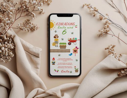 BENBINO, Kindergeburtstag, Mottogeburtstag, Geburtstag, Geburtstagsmotto, Garten, Gärtchen, Gärtnern, Girlande, Happy Birthday, Banderolen Muffins, Cupcakes, Deko, Geburtstagsdeko, Einladung, Smartphone, WhatsApp, digital, Vorname, Name, personalisieren, individualisieren