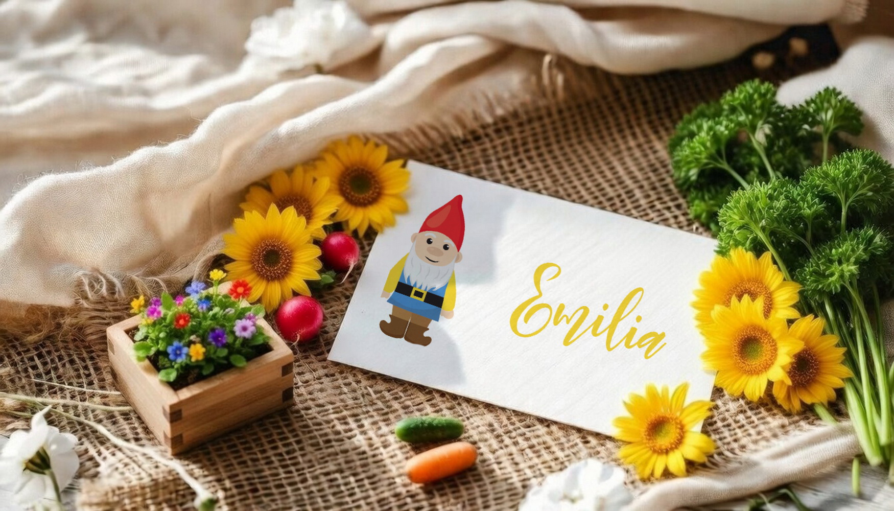 BENBINO, Kindergeburtstag, Mottogeburtstag, Geburtstag, Geburtstagsmotto, Garten, Gärtchen, Gärtnern, Girlande, Happy Birthday, Banderolen Muffins, Cupcakes, Deko, Geburtstagsdeko, Tischkarten, Platzkarten, Namenskarten, Vorname, Name, personalisieren, individualisieren