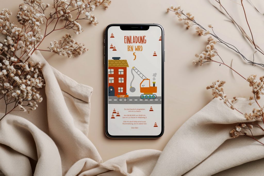 Kindergeburtstag, Mottogeburtstag, Motto, Geburtstag, Baustelle, Bagger, Einladung, Digitale Einladung, WhatsApp, Smartphone, Handy, Name, Vorname, personalisieren, benbino
