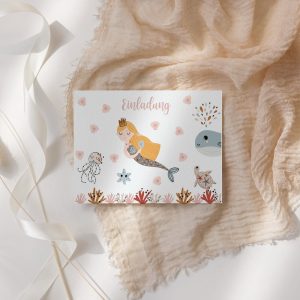 Kindergeburtstag, Mottogeburtstag, Motto, Geburtstag, Meerjungfrau, mermaid, Taufe, Kommunion, Geburt, Einladung, Postkarte