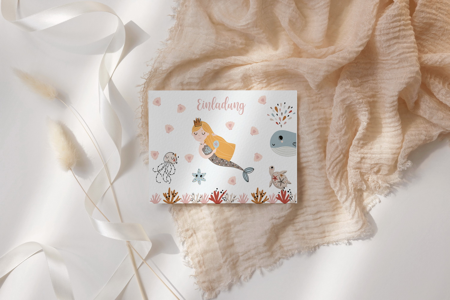 Kindergeburtstag, Mottogeburtstag, Motto, Geburtstag, Meerjungfrau, mermaid, Taufe, Kommunion, Geburt, Einladung, Postkarte