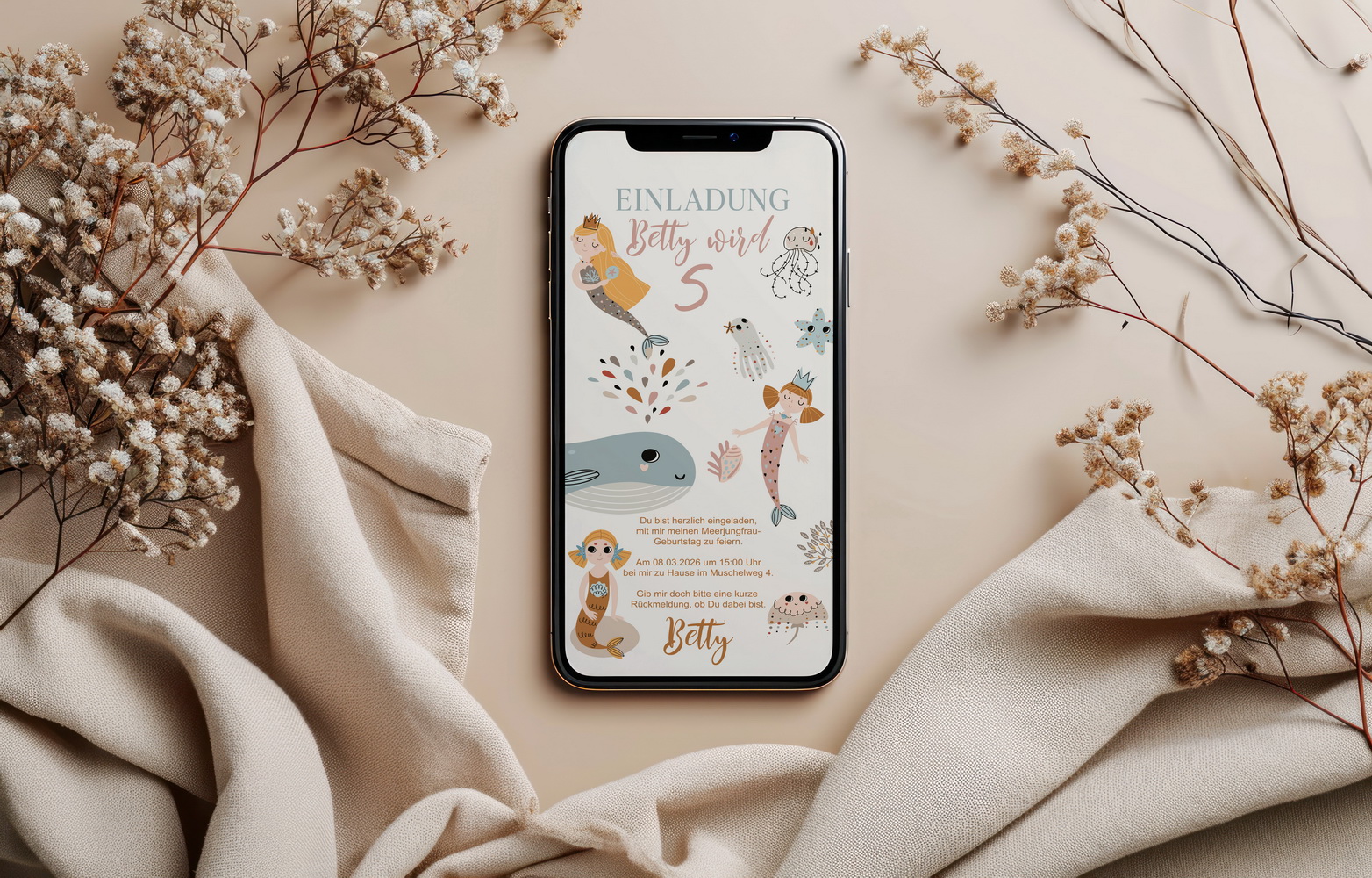 Kindergeburtstag, Mottogeburtstag, Motto, Geburtstag, Meerjungfrau, mermaid, Taufe, Kommunion, Geburt, Einladung, WhatsApp, Smartphone