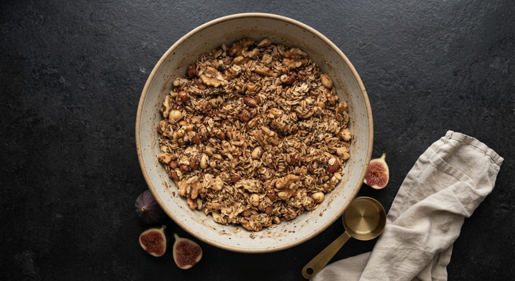 Verschiedene Zutaten für selbstgemachtes Granola wie Nüsse, Dinkelflocken, Chiasamen und Ahornsirup in beigen Keramikschalen auf einer dunklen Arbeitsplatte.