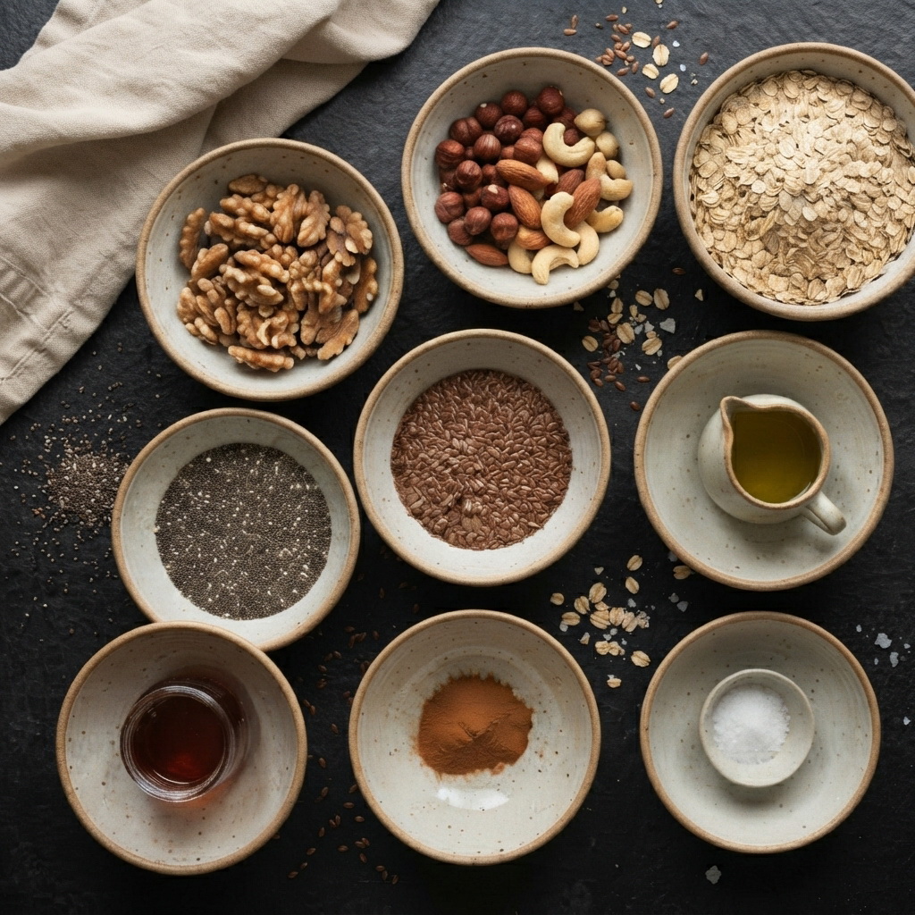 Verschiedene Zutaten für selbstgemachtes Granola wie Nüsse, Dinkelflocken, Chiasamen und Ahornsirup in beigen Keramikschalen auf einer dunklen Arbeitsplatte.