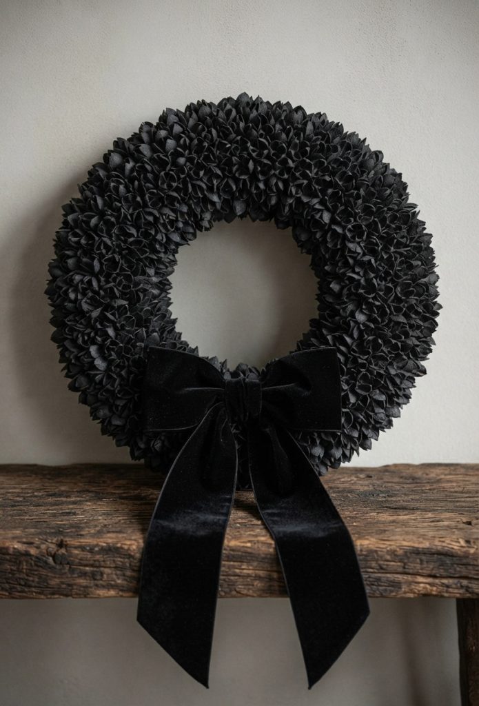 Ein großer, tiefschwarzer Türkranz aus natürlichen Bakuli-Kapseln mit einer eleganten Samtschleife, präsentiert als DIY-Inspiration auf benbino.