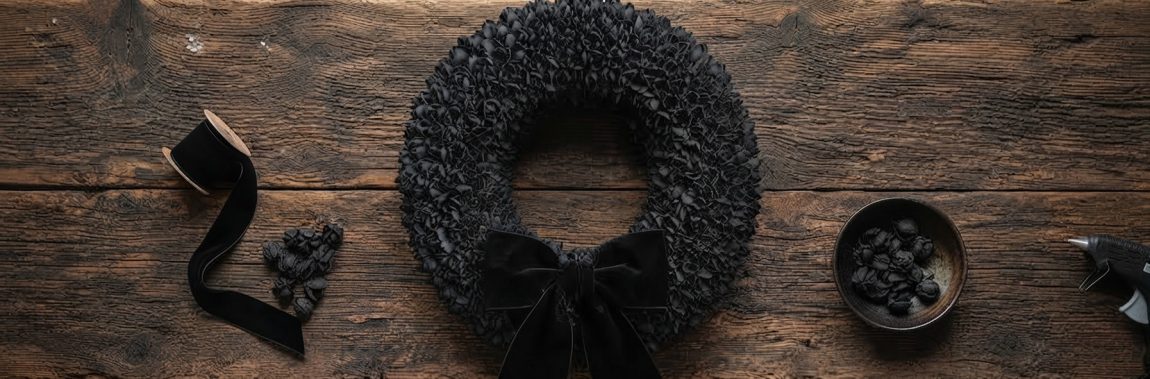 Ein großer, tiefschwarzer Türkranz aus natürlichen Bakuli-Kapseln mit einer eleganten Samtschleife, präsentiert als DIY-Inspiration auf benbino.