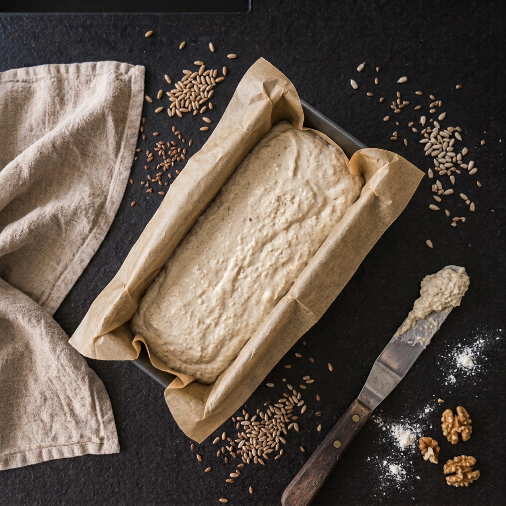 Rührteig für Dinkelbrot in einer mit Backpapier ausgelegten Kastenform auf schwarzer Arbeitsplatte von benbino