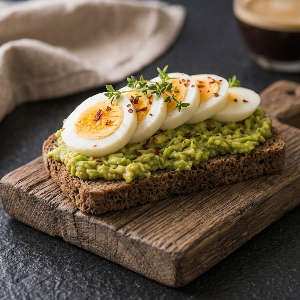 Angeschnittenes Dinkelbrot auf Holzbrett mit zwei lecker belegten Scheiben mit Avocado, Ei und Kresse von benbino