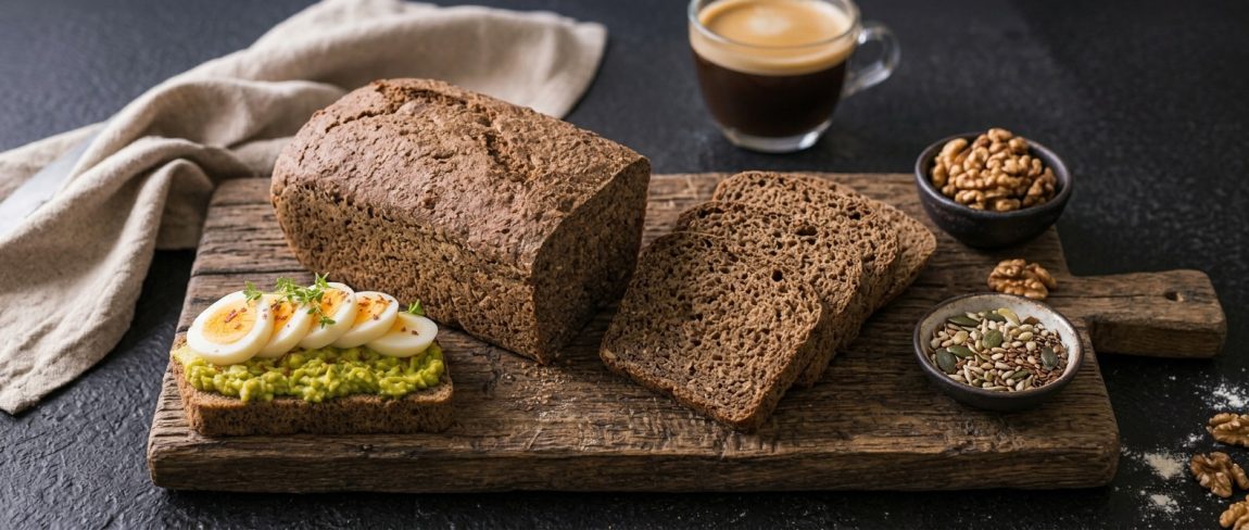 Angeschnittenes Dinkelbrot 2 auf Holzbrett mit zwei lecker belegten Scheiben mit Avocado, Ei und Kresse von benbino