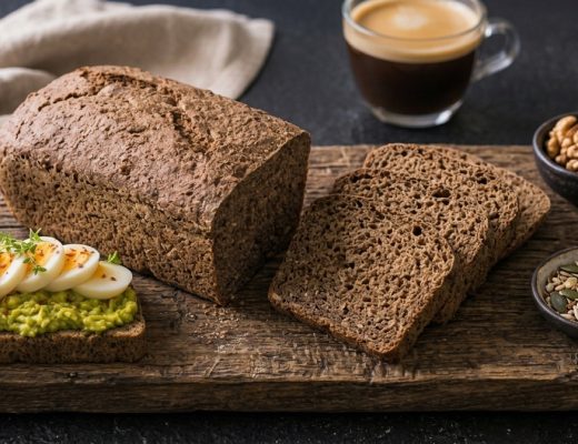 Angeschnittenes Dinkelbrot 2 auf Holzbrett mit zwei lecker belegten Scheiben mit Avocado, Ei und Kresse von benbino