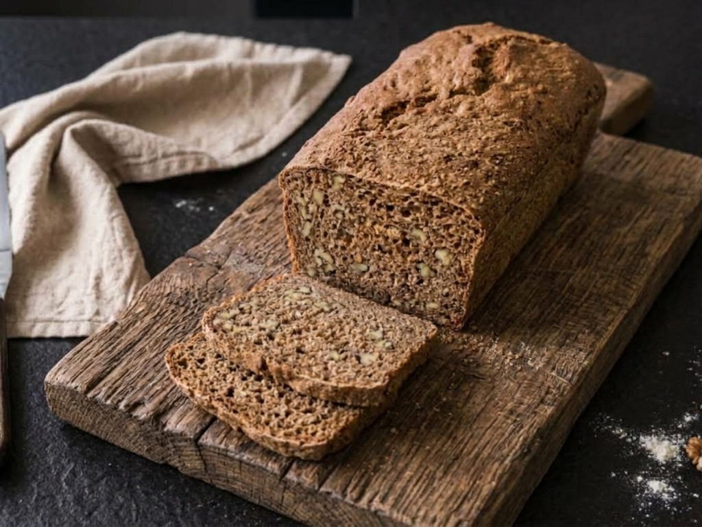 Frisch gebackenes, angeschnittenes Dinkelbrot auf einem rustikalen Holzbrett mit zwei Scheiben im Vordergrund benbino