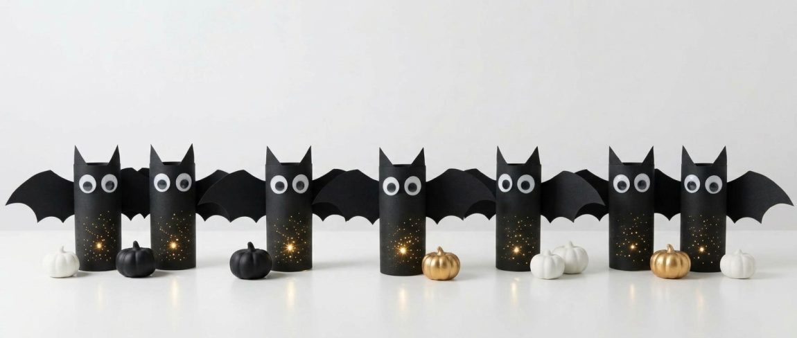 Acht leuchtende schwarze BENBINO Papier-Fledermäuse aufgereiht mit Minikürbissen auf weißem Grund für den Blog-Header.