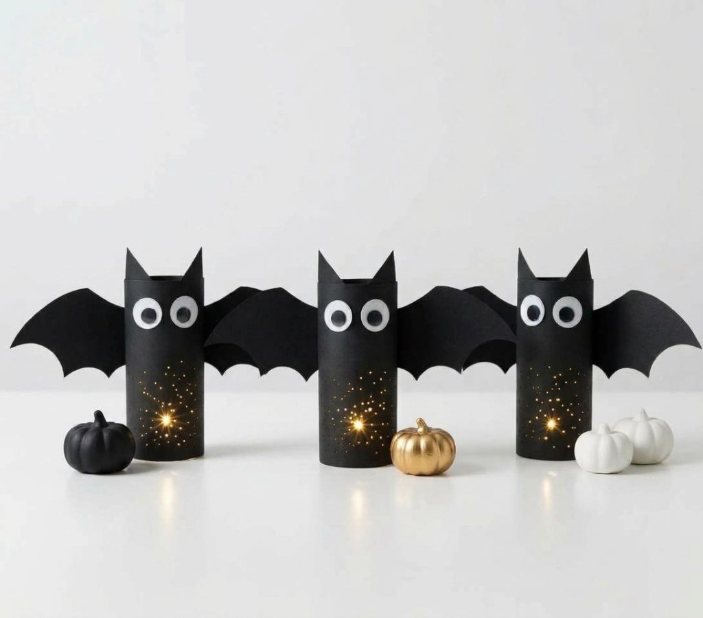 leuchtende schwarze BENBINO Papier-Fledermäuse aufgereiht mit Minikürbissen auf weißem Grund für den Blog-Header.