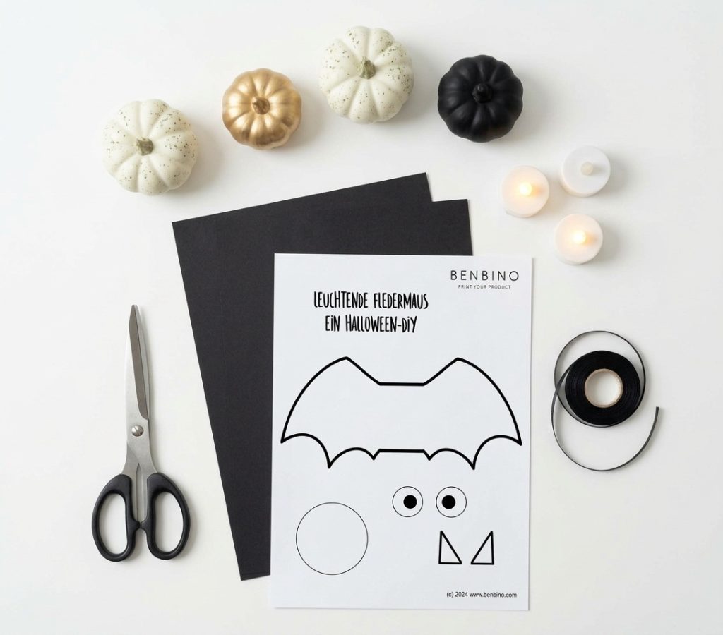 Bastelmaterialien für eine leuchtende Halloween-Fledermaus: Tonpapier, Schere, Vorlage, LED-Teelichter und Kürbisse auf weißem Grund.