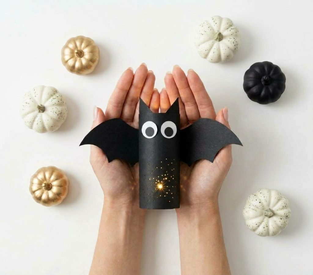 Gepflegte Frauenhände halten eine leuchtende schwarze Papier-Fledermaus über einer weißen Fläche mit kleinen Kürbissen.