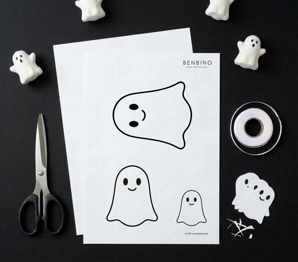 Bastelmaterialien für eine benbino Gespenster-Girlande Halloween-Gespenster: Tonpapier, Schere, , und Band auf schwarzem Grund.