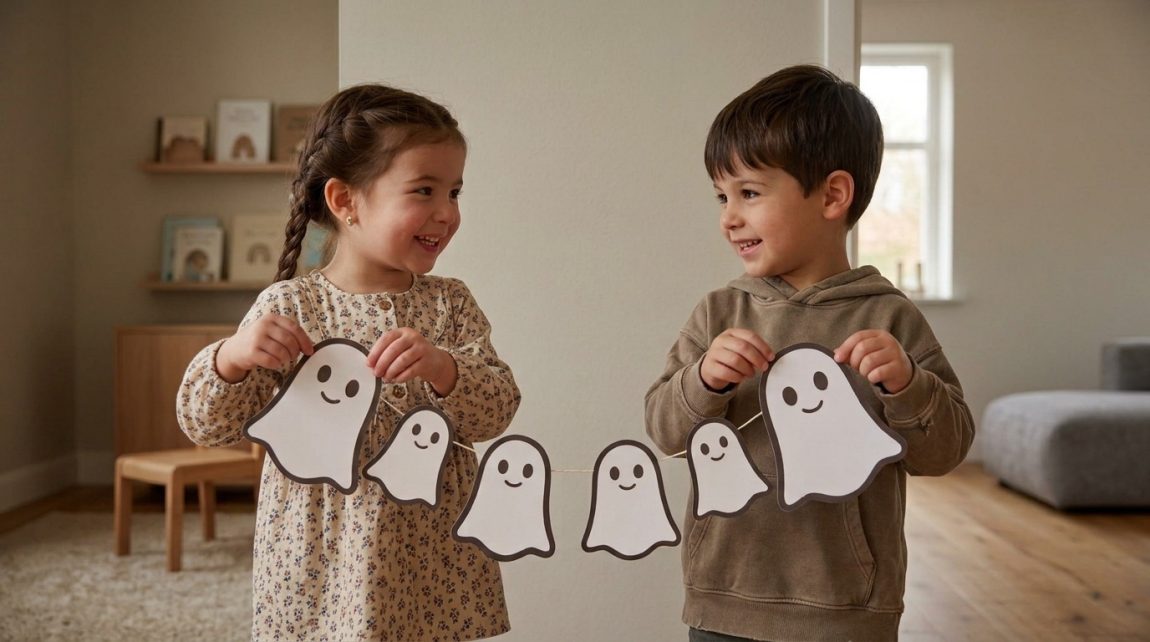 eine benbino Gespenster-Girlande Halloween-Gespenster: Tonpapier, Schere, , und Band mit 2 Kindern Mädchen und Junge.