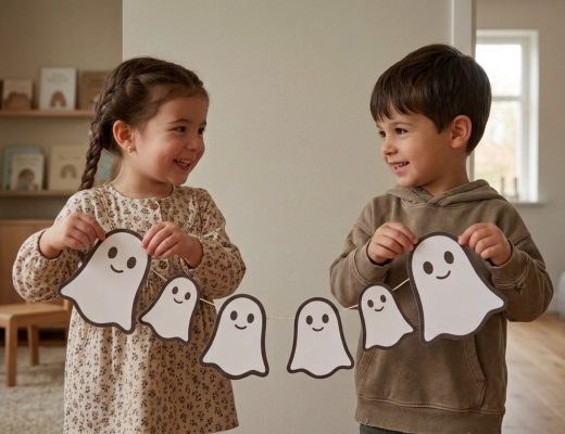 eine benbino Gespenster-Girlande Halloween-Gespenster: Tonpapier, Schere, , und Band mit 2 Kindern Mädchen und Junge.