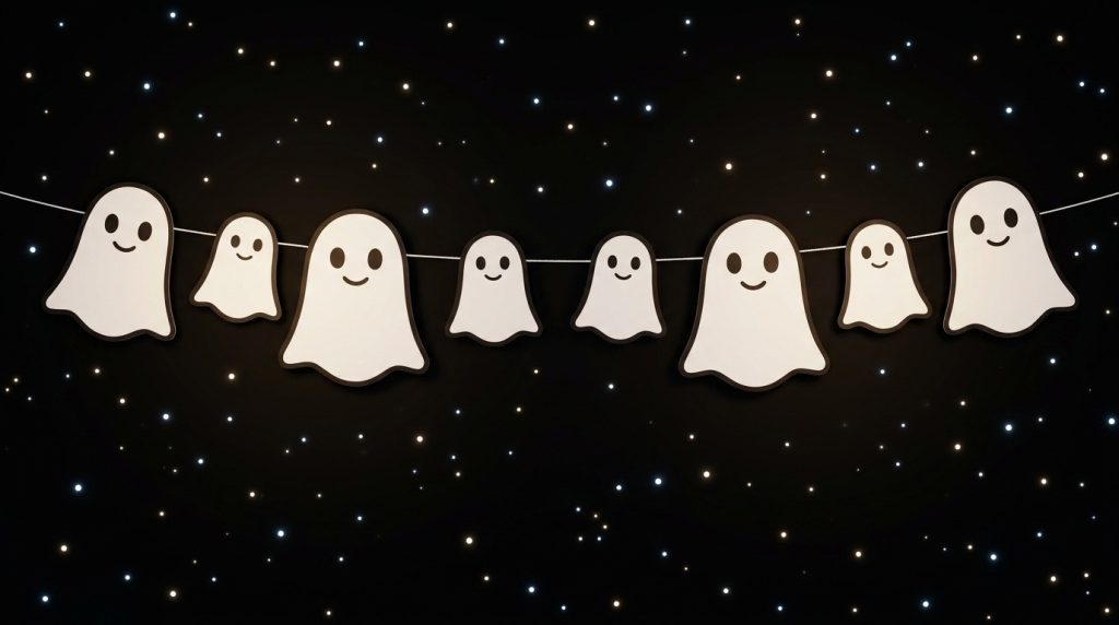 eine benbino Gespenster-Girlande Halloween-Gespenster: Tonpapier, Schere, , und Band auf schwarzem Grund.