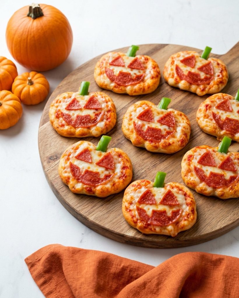 BENBINO Halloween Mini-Pizzas in Kürbisform auf einem Holzbrett serviert
