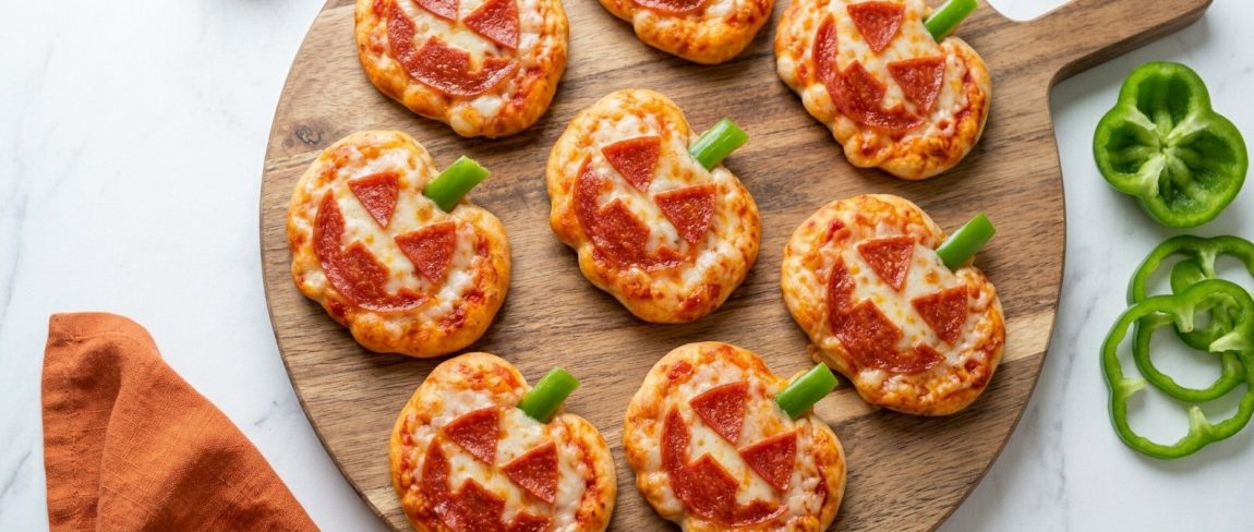 BENBINO Halloween Mini-Pizzas in Kürbisform auf einem Holzbrett serviert