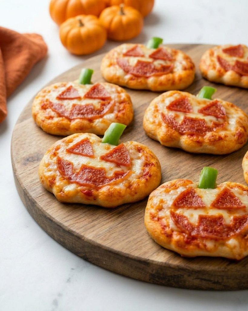 BENBINO Halloween Mini-Pizzas in Kürbisform auf einem Holzbrett serviert