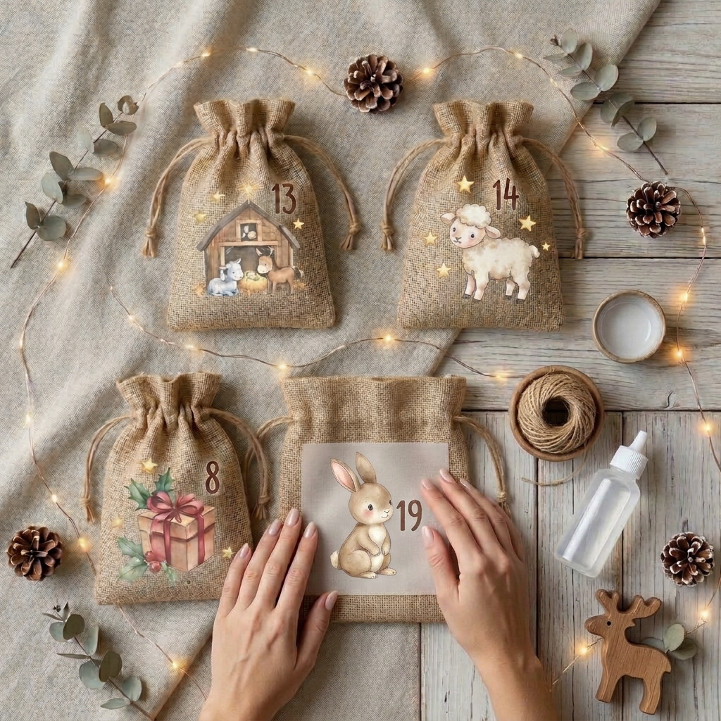Symmetrisches Flatlay mit fünf Adventskalender-Jutesäckchen, Bügelbildern in Aquarell-Optik, Lichterkette und Dekoration von BENBINO.