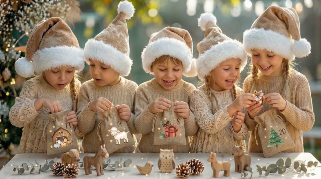 Fünf Kinder mit Nikolausmützen schauen voller Freude in weihnachtliche Jutesäckchen mit Adventskalender-Bügelbildern von BENBINO.