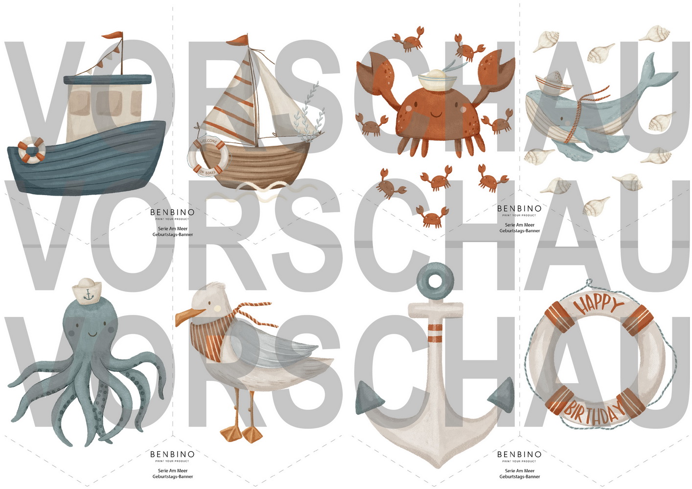 benbino, Kindergeburtstag, Am Meer, Möwe, Meer, Schiff, Wal, Seestern, Fische, download, ausdrucken, Deko, Girlande, Banner, Dekoration